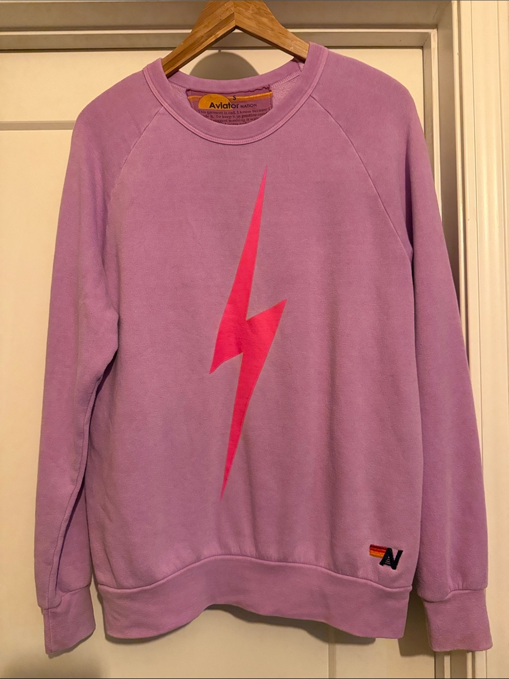 Aviator Nation Lavender Crewneck with Pink Lightning Graphic